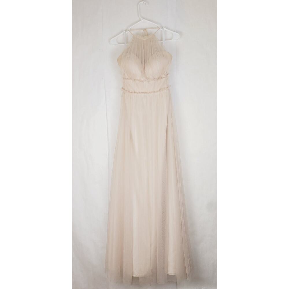 Revelry cream ruched chiffon halter ball gown Size 10 Princess Prom Retro Glam